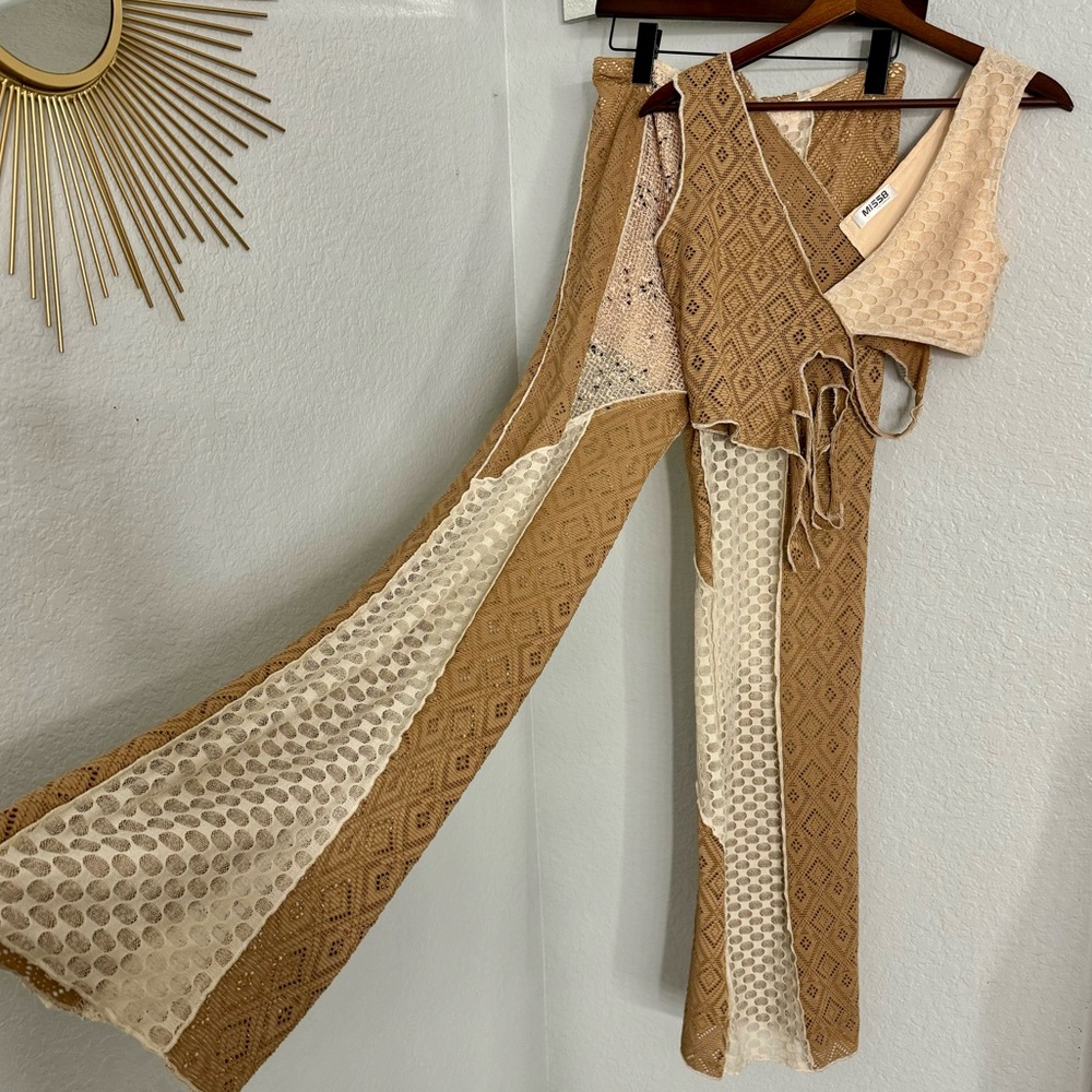 Cream and Brown Wide Leg Jumpsuit